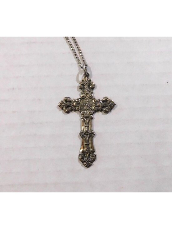 Chapel Jewelry - Vintage Sterling Chapel Cross Necklace 27" Endless Chain Ornate 2” Pendant